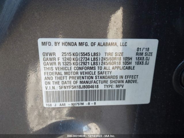 5FNYF5H18JB004618 Honda PILOT LX