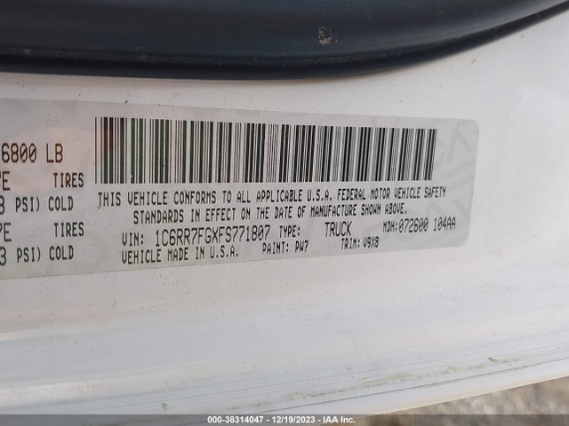 2015 RAM 1500 TRADESMAN VIN: 1C6RR7FGXFS771807