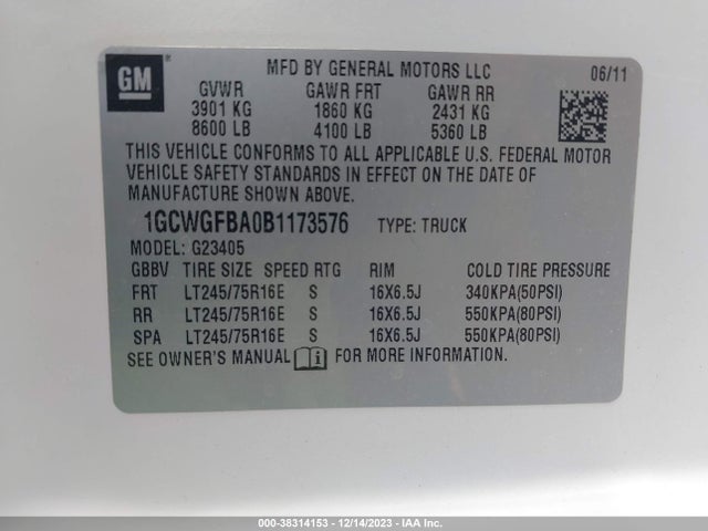 2011 CHEVROLET EXPRESS 2500 WORK VAN VIN: 1GCWGFBA0B1173576