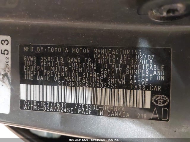 2007 TOYOTA COROLLA LE VIN: 2T1BR32E67C802755