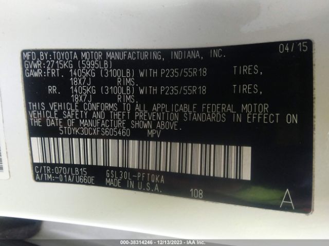 5TDYK3DCXFS605460 Toyota Sienna Limited 7 Passenger