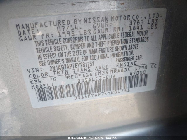 2014 NISSAN SENTRA S VIN: 3N1AB7AP7EY281751