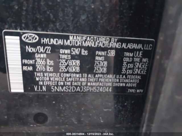 2023 HYUNDAI SANTA FE SEL VIN: 5NMS2DAJ3PH524044