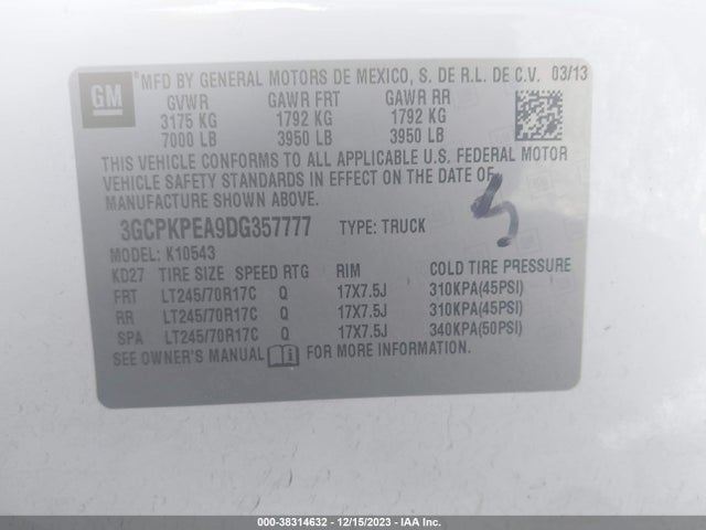 2013 CHEVROLET SILVERADO 1500 WORK TRUCK VIN: 3GCPKPEA9DG357777