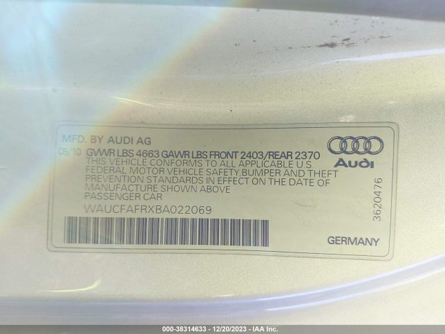 2011 AUDI A5 2.0T PREMIUM VIN: WAUCFAFRXBA022069