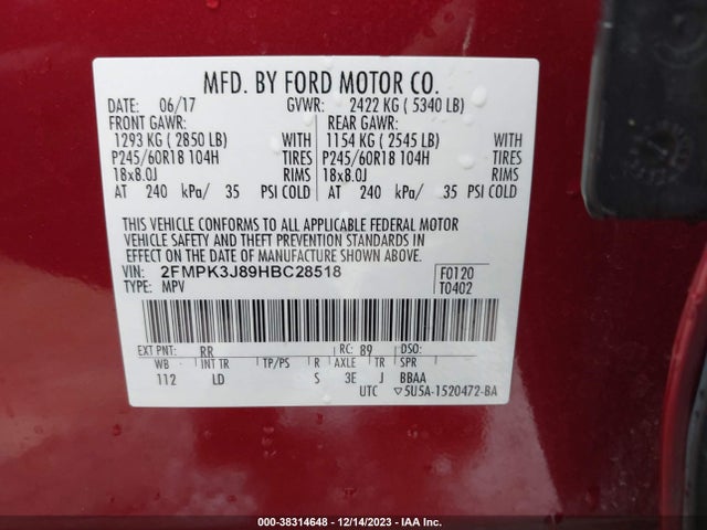 2017 FORD EDGE SEL VIN: 2FMPK3J89HBC28518