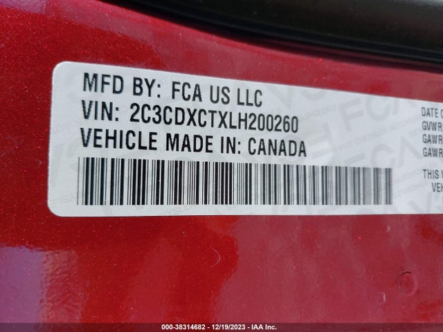 Продажа на аукционе авто 2020 Dodge Charger R/t Rwd, vin: 2C3CDXCTXLH200260, номер лота: 38314682