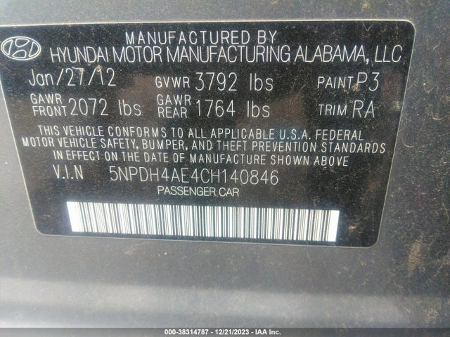 2012 HYUNDAI ELANTRA GLS VIN: 5NPDH4AE4CH140846