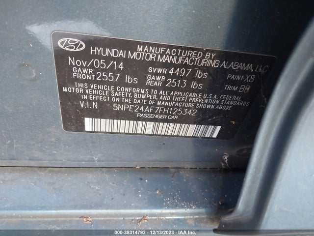 2015 HYUNDAI SONATA SE VIN: 5NPE24AF7FH125342
