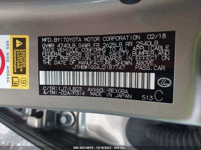 Lexus ES 300H 2018 JTHBW1GG4J2187747 Image 9