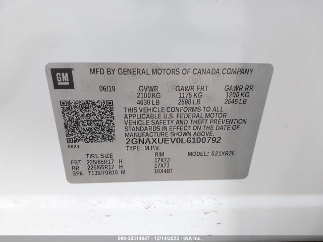 2020 CHEVROLET EQUINOX AWD LT 1.5L TURBO VIN: 2GNAXUEV0L6100792