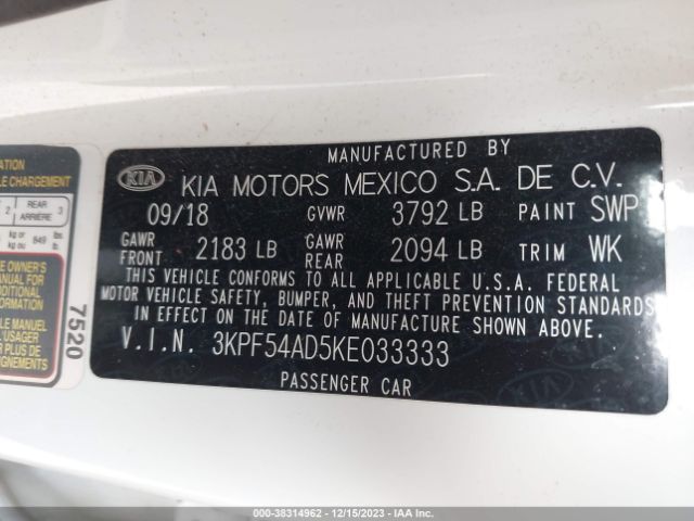 3KPF54AD5KE033333 KIA FORTE EX
