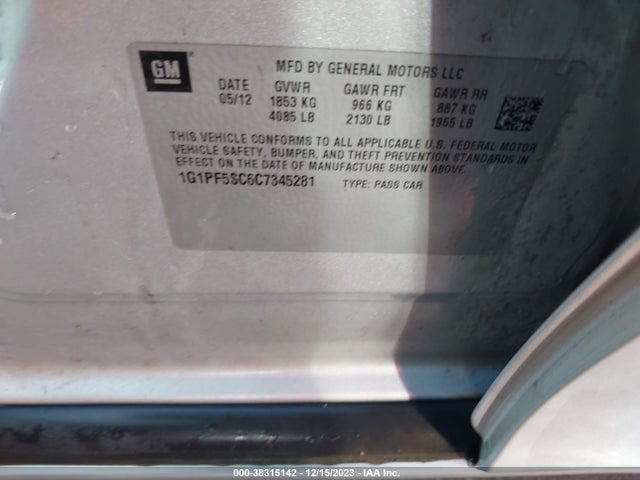 2012 CHEVROLET CRUZE 1LT VIN: 1G1PF5SC6C7345281