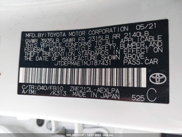 2021 TOYOTA COROLLA LE VIN: JTDEPMAE1MJ187431