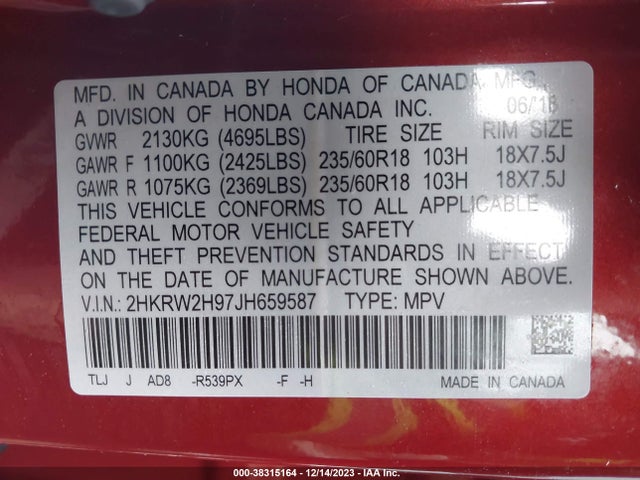 Honda Cr-v Touring 2018 2HKRW2H97JH659587 Image 9