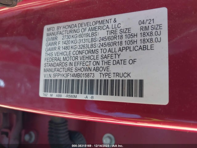 Honda Ridgeline Awd Sport 2021 5FPYK3F14MB015873 Image 9