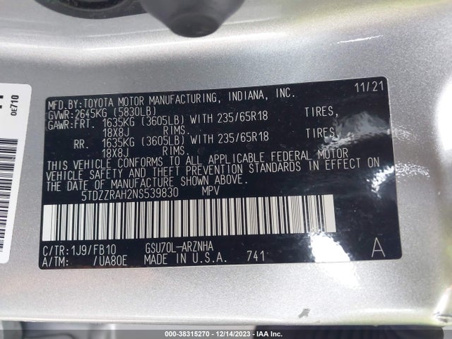 Toyota Highlander Le 2022 5TDZZRAH2NS539830 Image 9