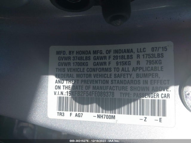 Honda Civic Lx 2015 19XFB2F54FE089378 Image 9