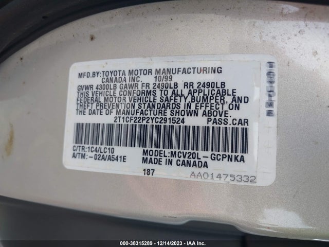 2000 TOYOTA CAMRY SOLARA SLE V6 VIN: 2T1CF22P2YC291524