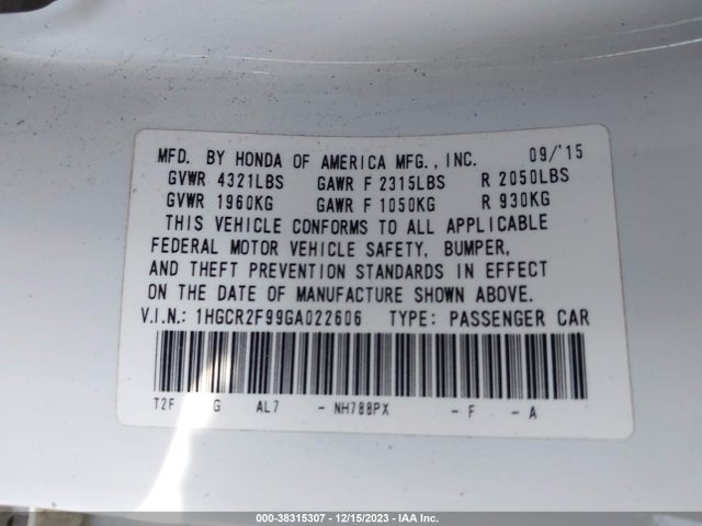 Honda Accord Ex-l 2016 1HGCR2F99GA022606 Image 9