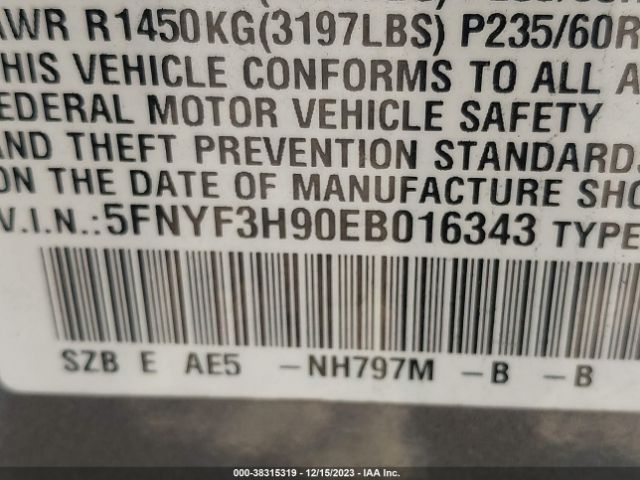 5FNYF3H90EB016343 Honda Pilot Touring