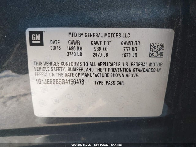 Chevrolet Sonic Ltz Auto 2016 1G1JE6SB5G4156473 Image 9