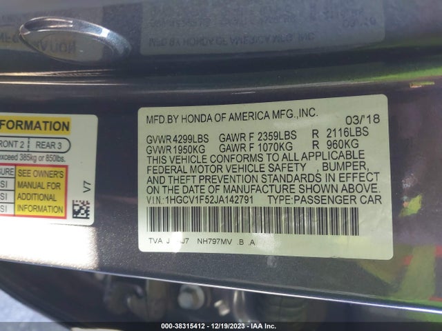 2018 HONDA ACCORD EX-L VIN: 1HGCV1F52JA142791