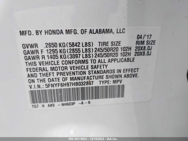 Honda Pilot Touring 2017 5FNYF6H97HB032867 Image 9