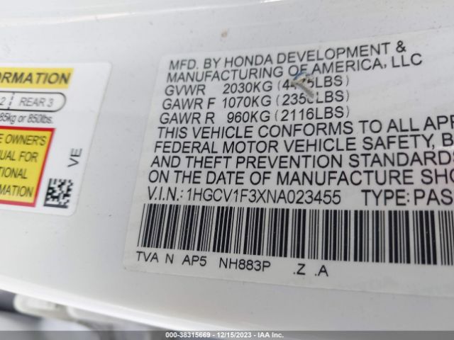 1HGCV1F3XNA023455 Honda Accord Sport
