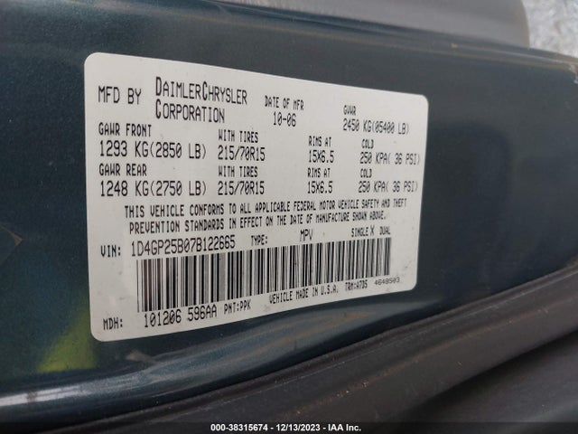 2007 DODGE CARAVAN SE VIN: ID4GP25B07B122665