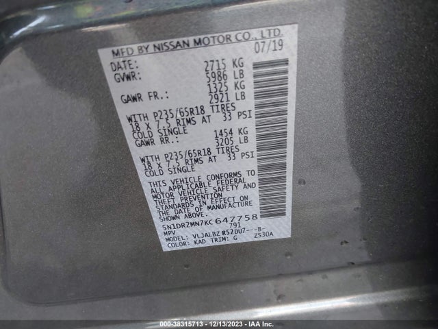 Nissan Pathfinder S 2019 5N1DR2MN7KC647758 Image 9