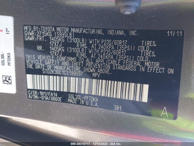 2012 TOYOTA SIENNA BASE V6 7 PASSENGER VIN: 5TDZK3DC1CS199097