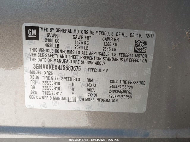 2018 CHEVROLET EQUINOX LT VIN: 3GNAXKEX4JS583675