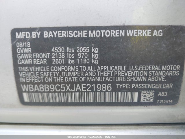2018 BMW 330I VIN: WBA8B9C5XJAE21986
