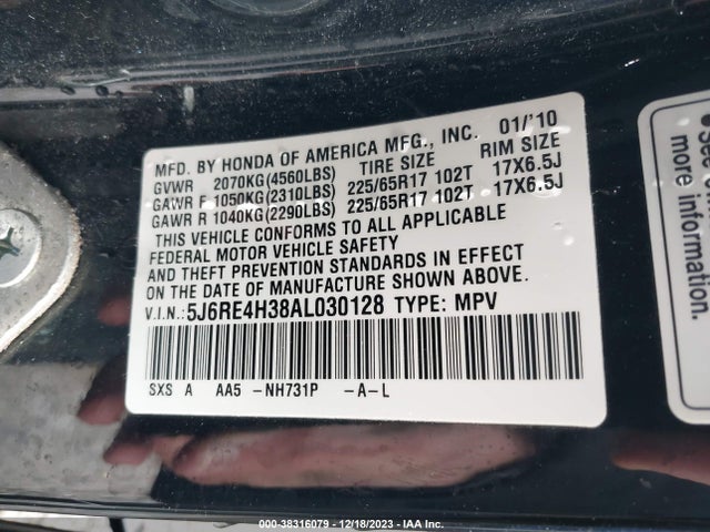 2010 HONDA CR-V LX VIN: 5J6RE4H38AL030128