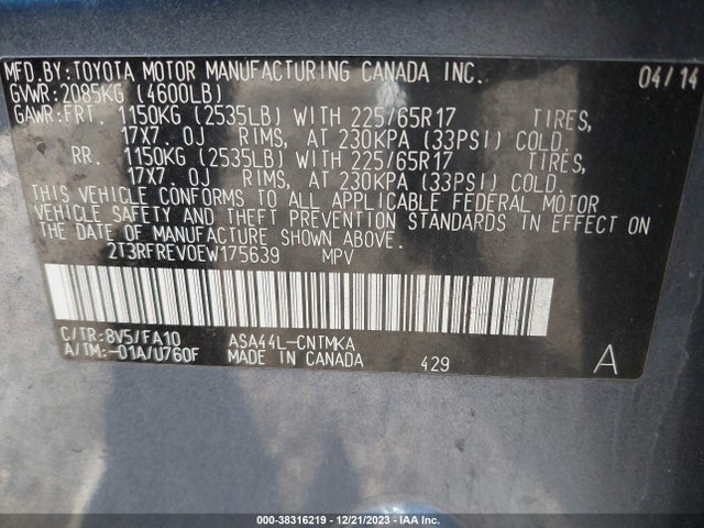 Toyota Rav4 Xle 2014 2T3RFREV0EW175639 Image 9