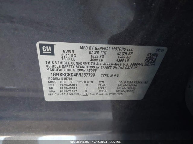 Chevrolet Tahoe Ltz 2015 1GNSKCKC4FR287799 Image 9