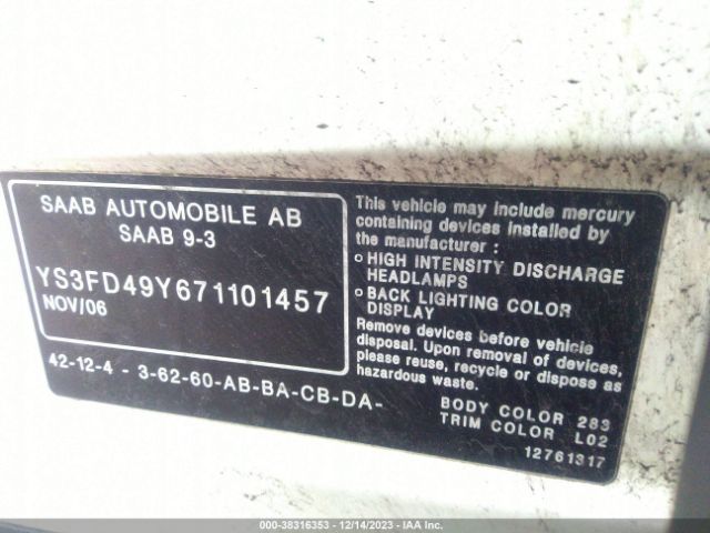 2007 SAAB 9-3 YS3FD49Y671101457 Photo 8