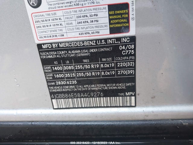 2008 MERCEDES-BENZ ML 350 4MATIC VIN: 4JGBB86E58A409276