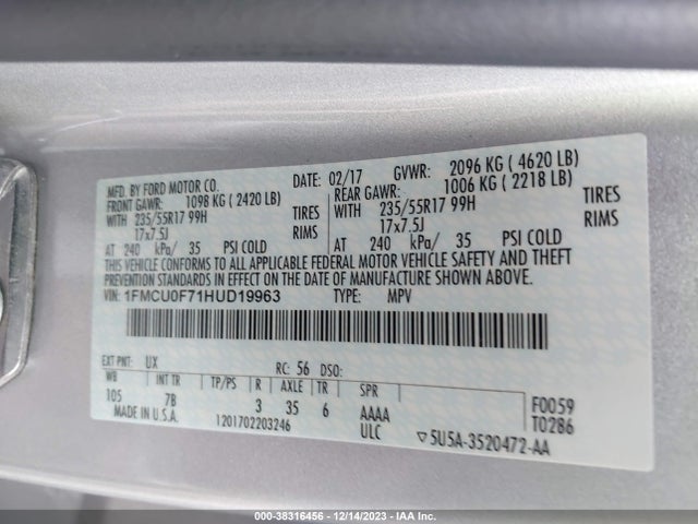 2017 FORD ESCAPE S VIN: 1FMCU0F71HUD19963