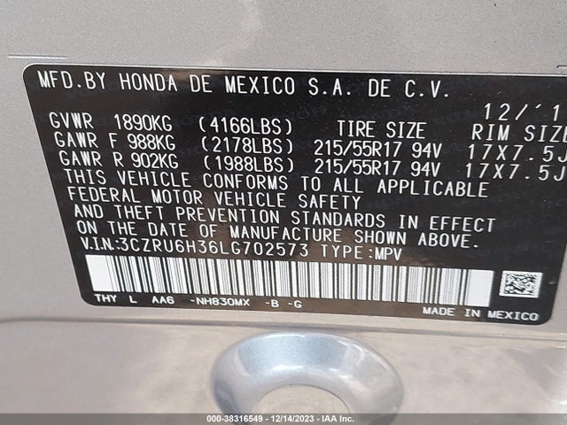 Honda Hr-v Awd Lx 2020 3CZRU6H36LG702573 Image 9