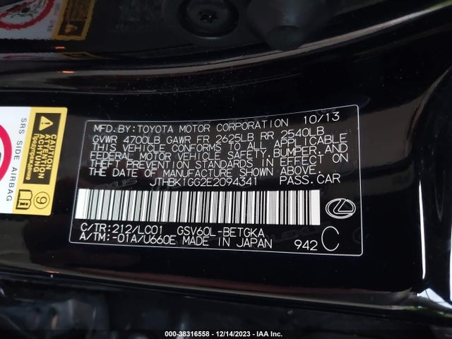 2014 LEXUS ES 350 BASE (A6) VIN: JTHBK1GG2E2094341