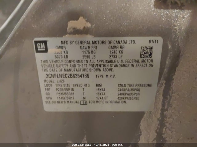 2011 CHEVROLET EQUINOX 2LT VIN: 2CNFLNEC2B6354786