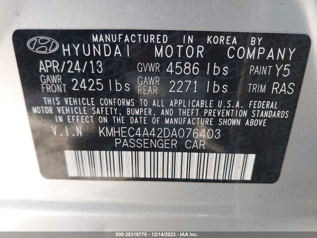 2013 HYUNDAI SONATA HYBRID LIMITED VIN: KMHEC4A42DA076403