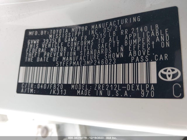 Toyota COROLLA LE 2021 5YFEPMAE3MP246023 Image 9