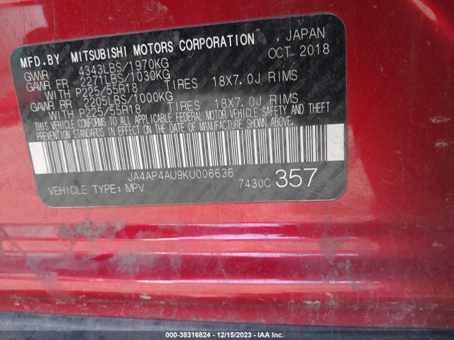 JA4AP4AU9KU006636 Mitsubishi Outlander Sport 2.0 Se