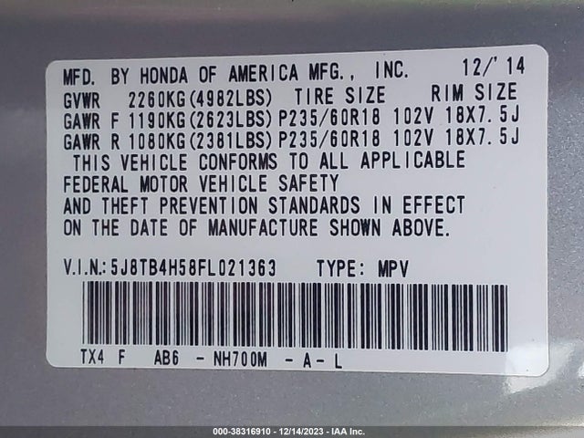 Acura Rdx Tech Pkg 2015 5J8TB4H58FL021363 Image 9