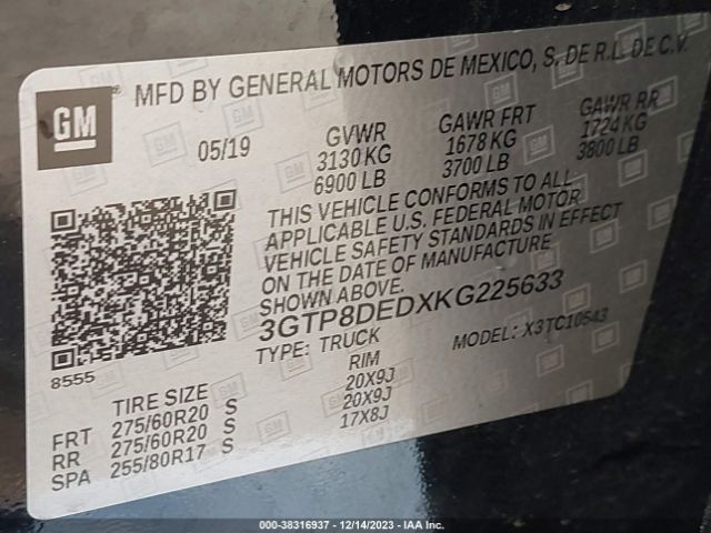 3GTP8DEDXKG225633 GMC Sierra 1500 Slt