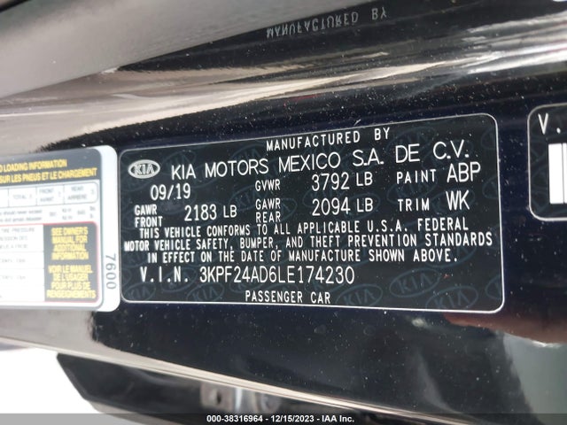 2020 KIA FORTE FE VIN: 3KPF24AD6LE174230