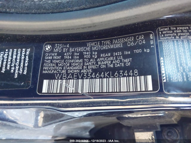 2004 BMW 325I VIN: WBAEV33464KL63448